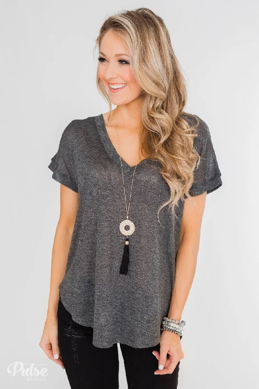 The Latest Fashion Trends Crossing Into Casual Lace Back Top- Charcoal