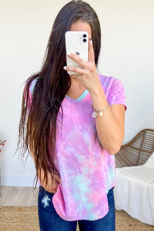 Flash Sale Draw Me Closer Tie Dye V-Neck Top- Purple, Mint, Fuchsia