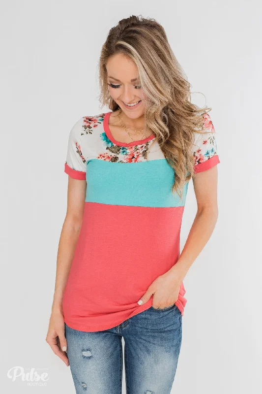 Massive Savings Illuminate The Room Floral Color Block Top- Dark Pink & Ivory