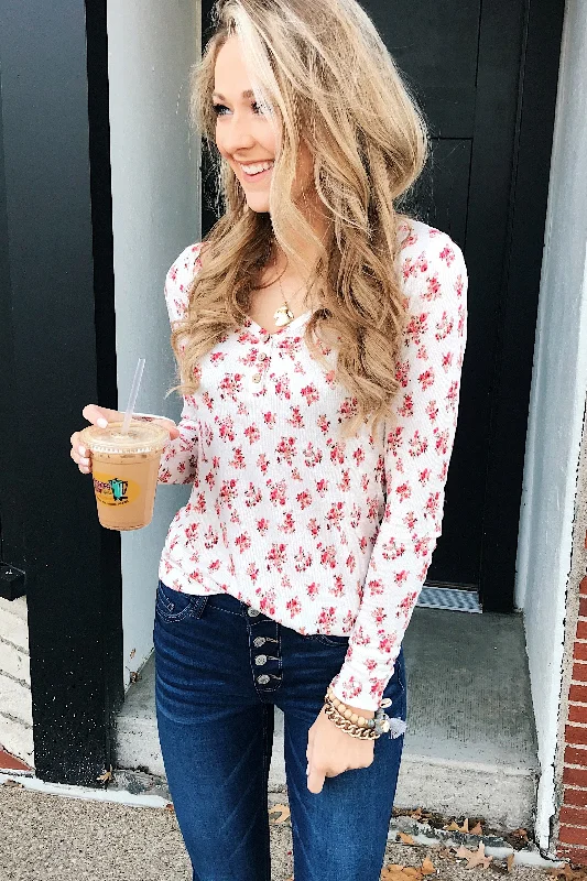 Trendy Threads Blossoming Beauty 3-Button Henley Top - Ivory