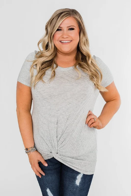 Sleek Style Discounts Knot This Time Striped Top- Heather Grey