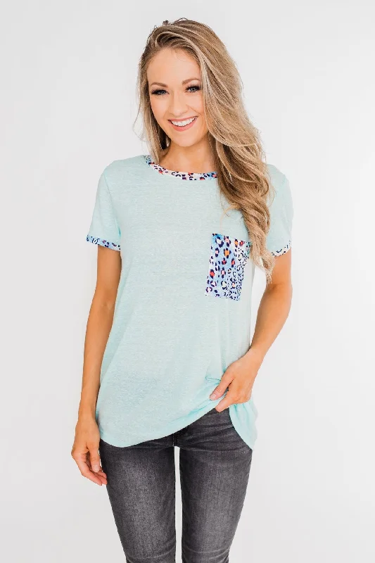 Grab The Hottest Deals Before They Disappear All Of A Sudden Leopard Pocket Top- Light Blue Grab The Hottest Deals Before They Disappear All Of A Sudden Leopard Pocket Top- Light Blue