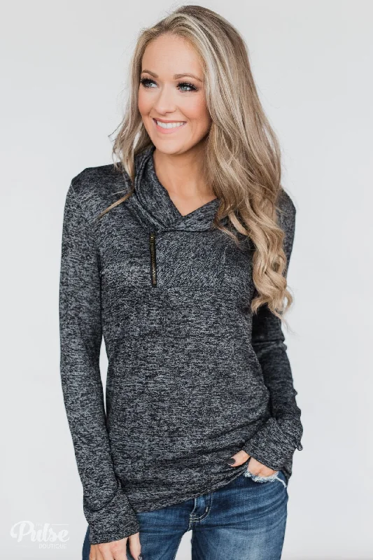 Chic Style Discounts All This Time Zipper Pullover Top- Heather Black