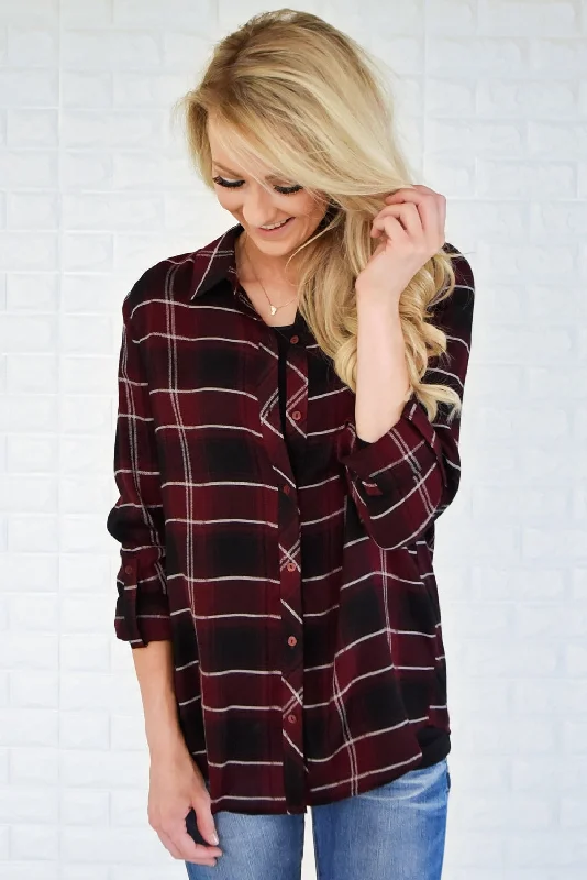 Mega Sales Essential Black & Burgundy Plaid Top