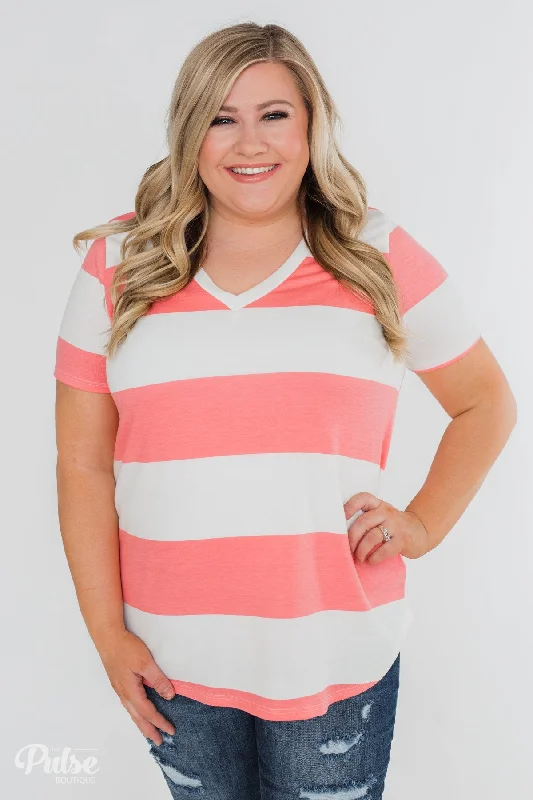 Spring Fashion Hello to You Wide Stripe V-Neck Top- Coral
