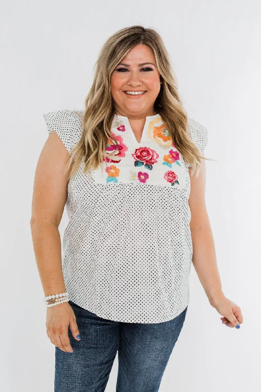 Limited Stock, Big Sale Floral Embroider & Polka Dot Top- Ivory