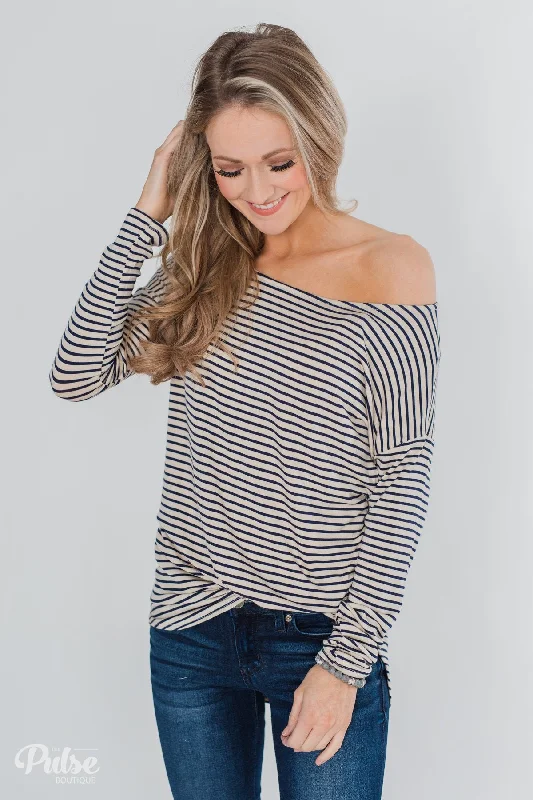 Flash Sales One Shoulder Dolman Striped Top- Beige & Navy