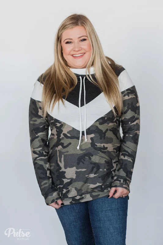Treat Yourself To Amazing Discounts Camo Chevron Cowl Neck Top