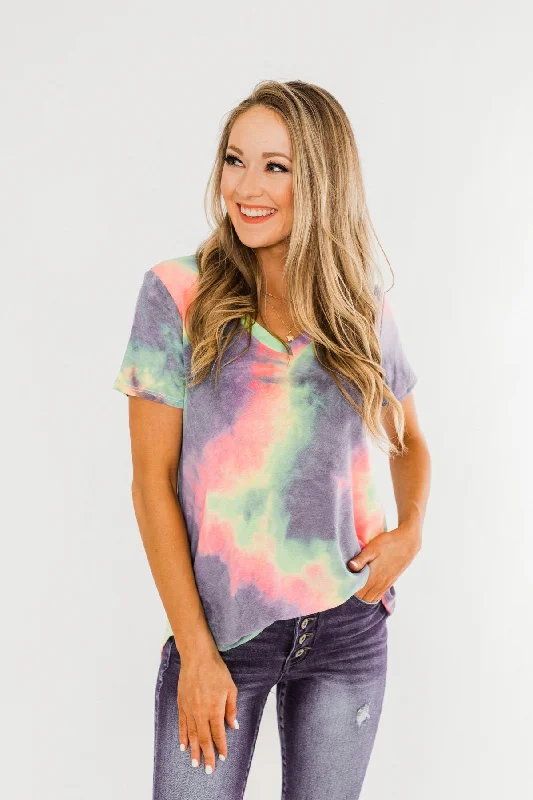 Weekend-Only Deals You'll Love Tie Dye V-Neck Top- Purple, Lime, Pink