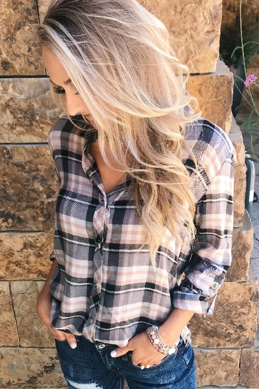 Glamorous Fashion Offers Fall Favorite Flannel Button Up Top- Charcoal & Beige