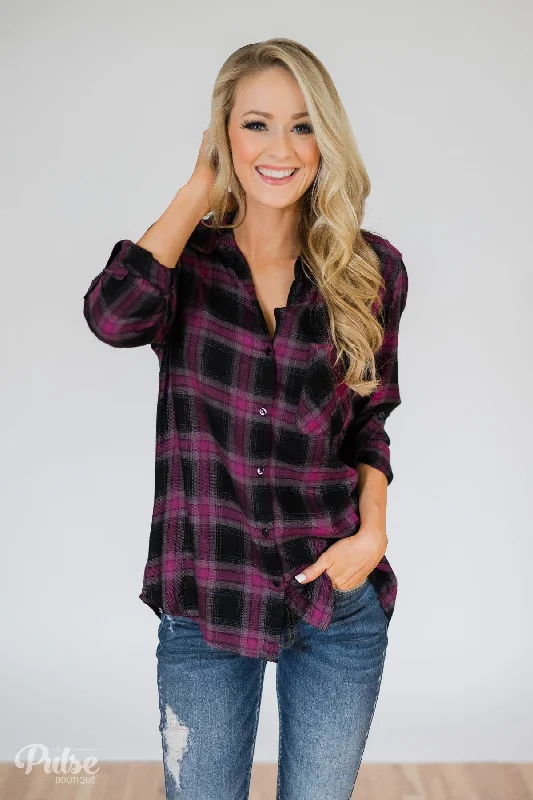 Glamorous Fashion Offers Write This Down Plaid Top- Deep Magenta & Black