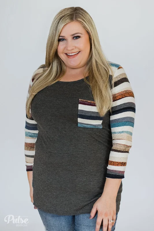 Flash Weekend Discounts – Shop Now Perfectly Shaded 3/4 Sleeve Striped Top- Charcoal