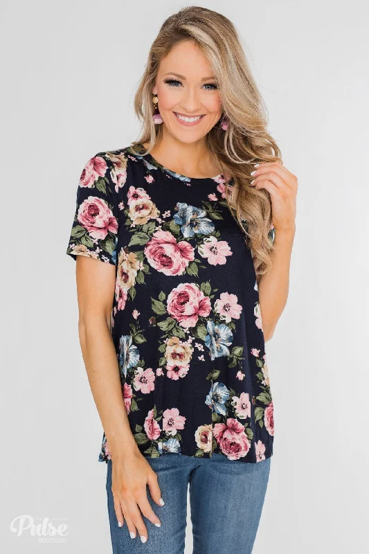 Style Revolution Finding The Right One Floral Short Sleeve Top- Navy