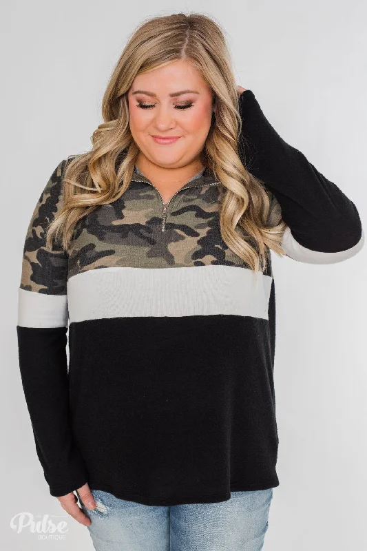 Hurry – Weekend Sale Ends Soon Take A Look Camo Quarter Zip Color Block Top- Black