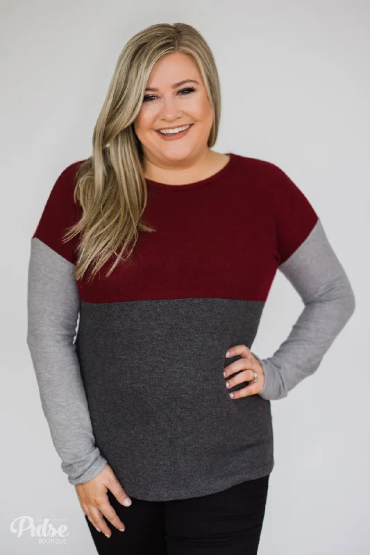 Special Offer Can't Get Enough Color Block Top- Burgundy, Charcoal, Grey