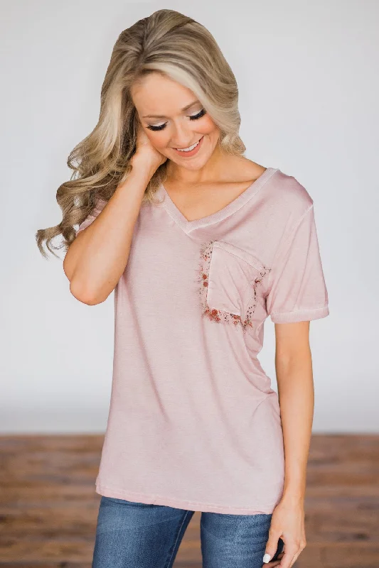 Sporty Fashion Offers Unconditional Love Pocket Top- Vintage Blush