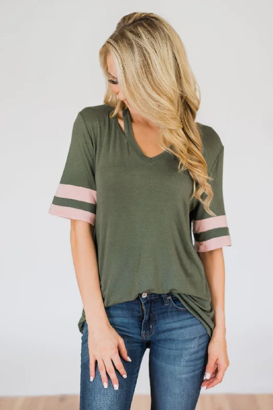 Seize Bargains Change of Pace V-Neck Varsity Top- Hunter Green