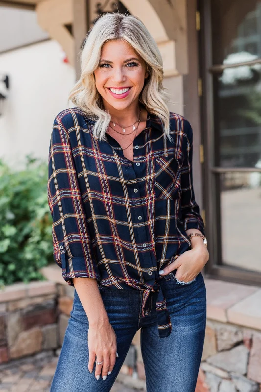 Last Chance To Grab These Amazing Deals Carrying Your Love Flannel Button Up Top- Navy & Mustard