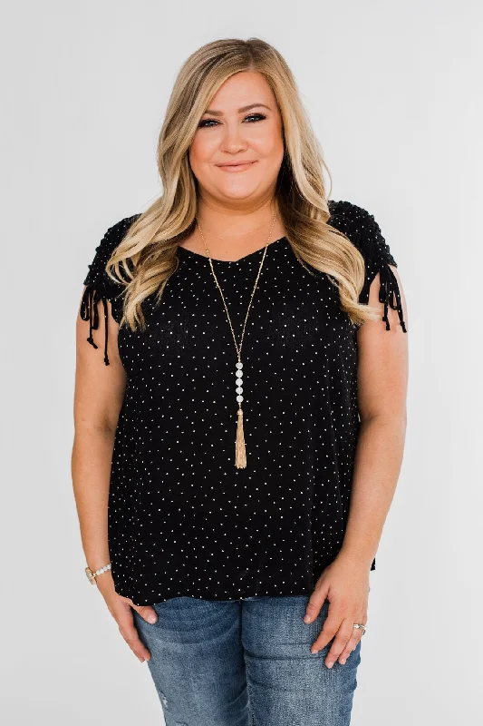 Inspired By You, Designed For You Polka Dot Cinched Tie Sleeve Top- Black