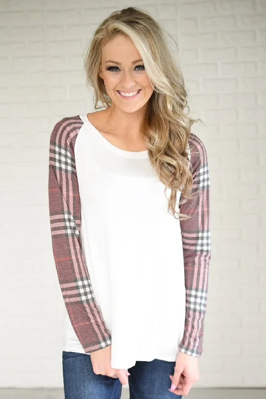 New Arrivals Plaid Sleeve Raglan Top ~ Shades of Pink