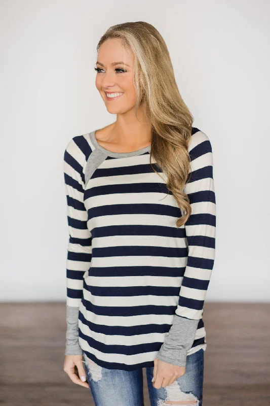 Top Deals Navy & Grey Striped Top