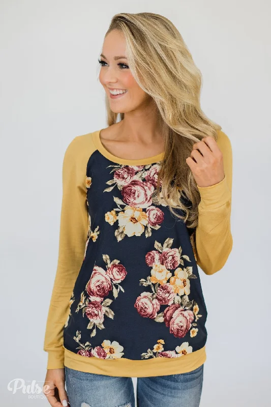Get Ready For The Weekend With Big Savings Always Room for Floral Top- Honey Yellow & Navy Get Ready For The Weekend With Big Savings Always Room for Floral Top- Honey Yellow & Navy