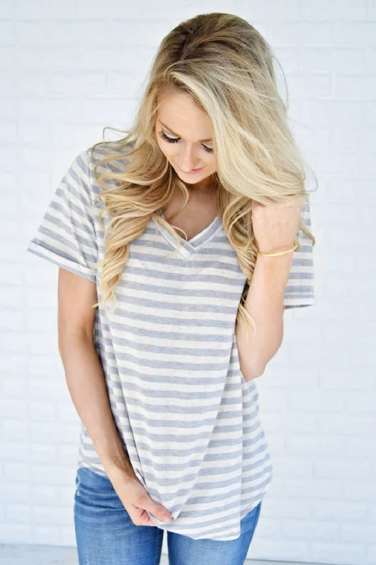 Stylish Savings Grey Striped V-Neck Top
