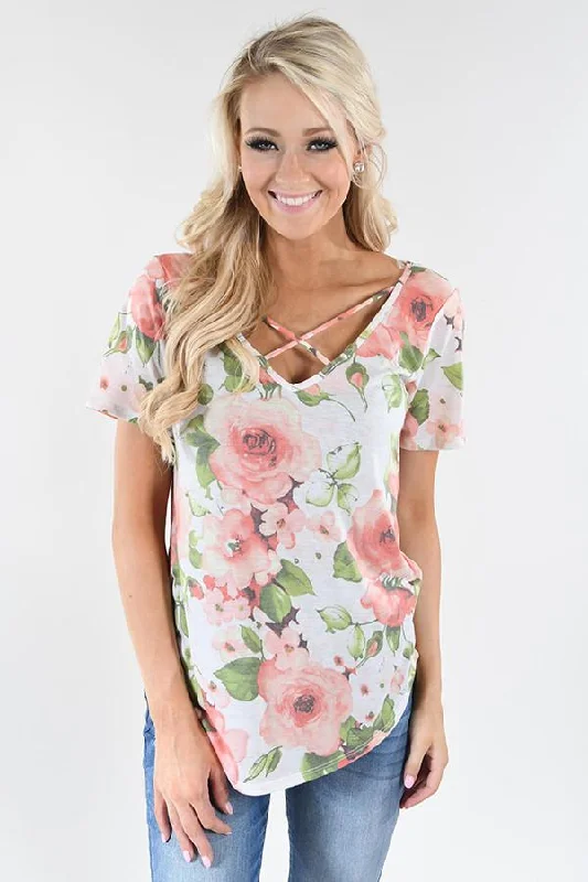 Seize Bargains Love the Way You Look Floral Criss Cross Top ~ Ivory