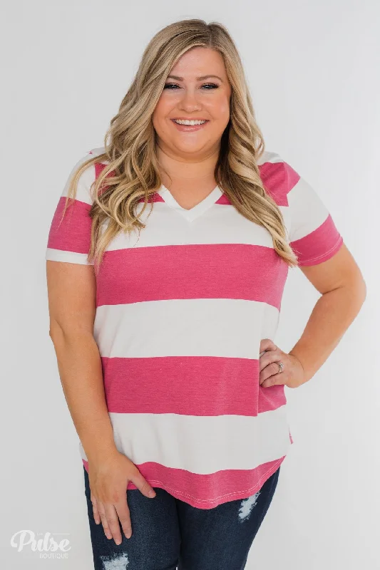 Seasonal Sale Hello to You Wide Stripe V-Neck Top- Fuchsia