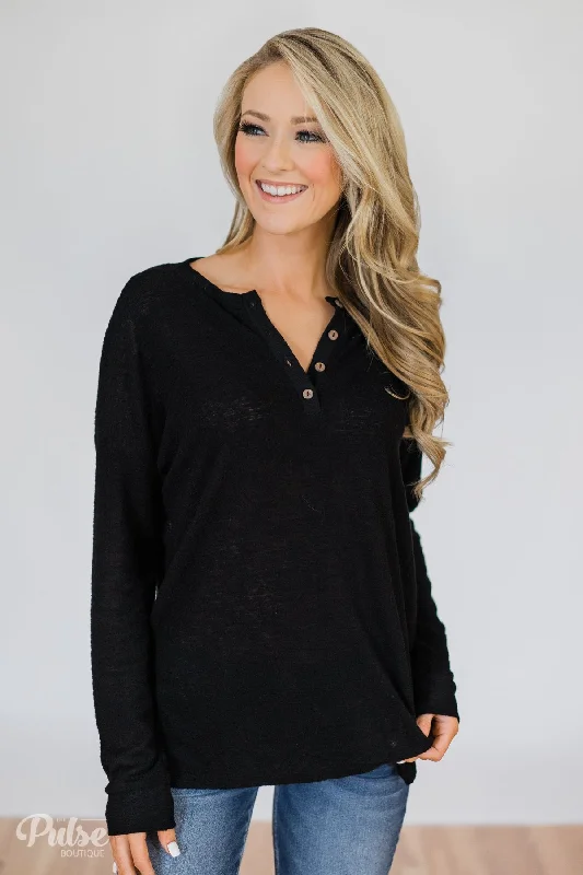 High-End Style Discounts Soft & Cozy 4-Button Henley Top- Black