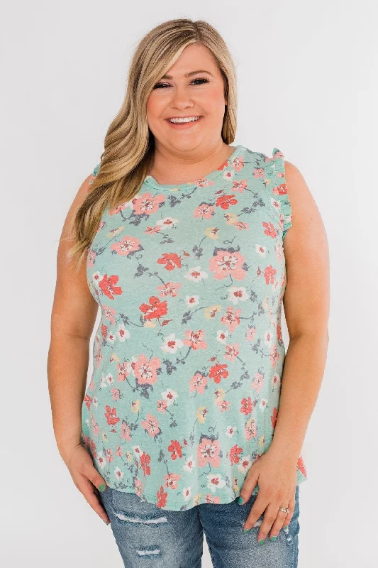 Shop More, Save More This Weekend Sunny Day Picnic Ruffle Floral Top- Light Blue