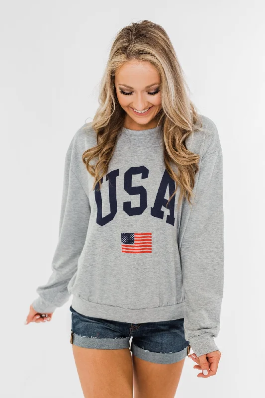 Hurry! Special Deals Ending Soon "USA" American Flag Graphic Pullover Top- Grey