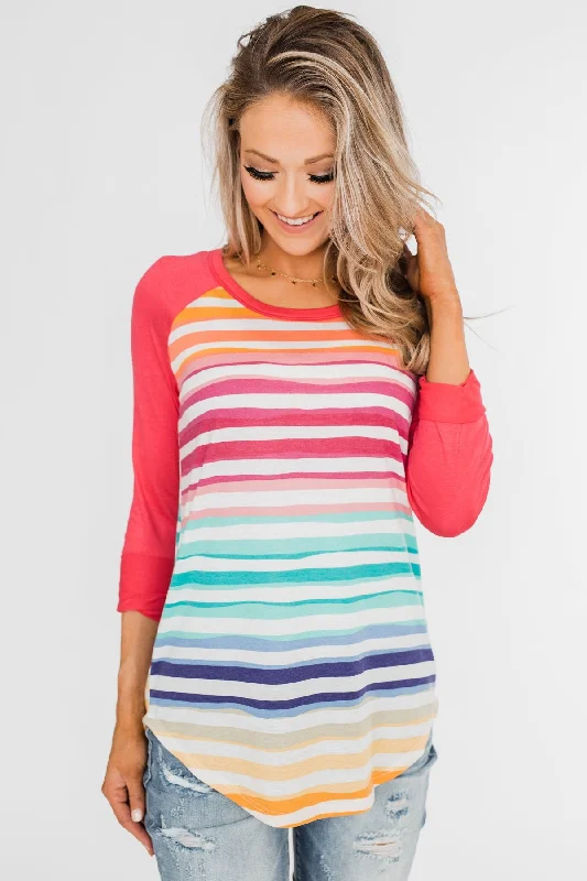Contemporary Chic Promotions Waves of Color Striped Color Block Top- Fruit Punch