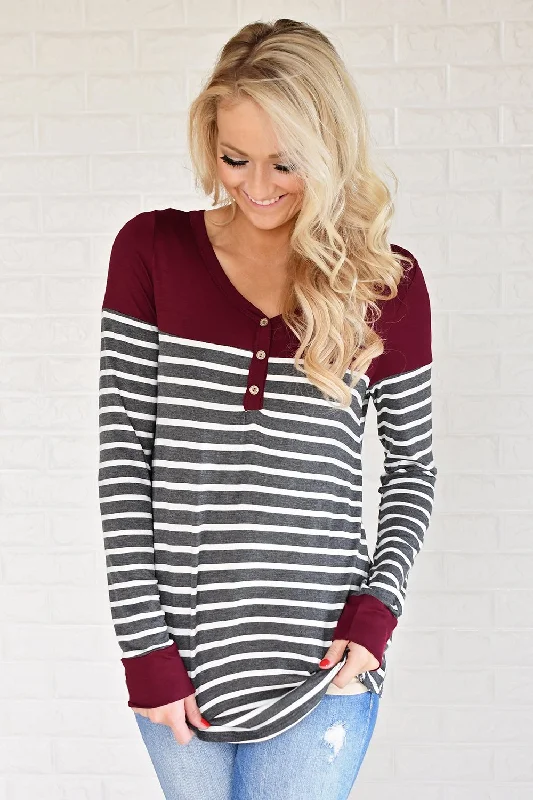 Style Steals You Don't Want To Miss Go Your Own Way Striped Top ~ Burgundy & Grey