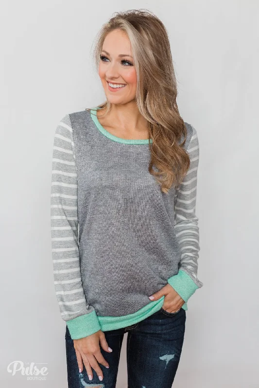 The Ultimate Fashion Sale Is Here The Right Steps Striped Sleeve Top- Grey & Mint