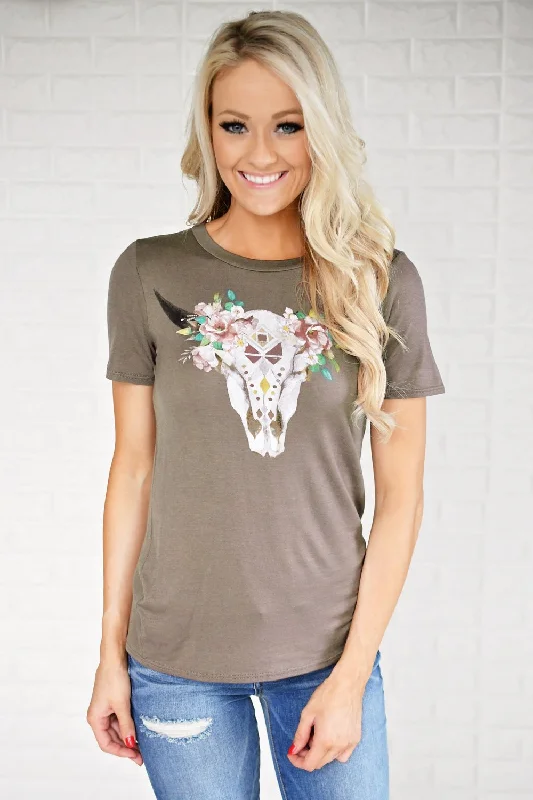 Step Ahead, Lead The Trend Light Brown Floral Skull Top