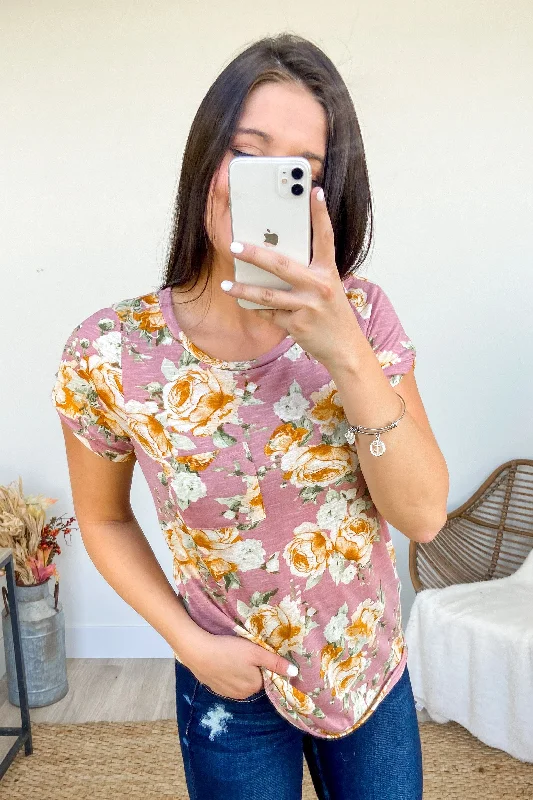Limited Time Short Sleeve Floral Pocket Top- Mauve