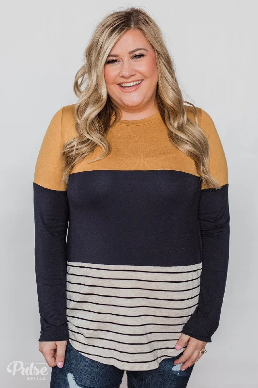Great Fashion, Even Better Prices Party in the Back Lace Detail Top- Mustard & Navy