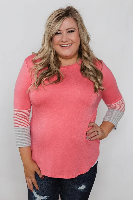 Trendy Pulse Longing For You Striped Sleeve Top - Punch Pink