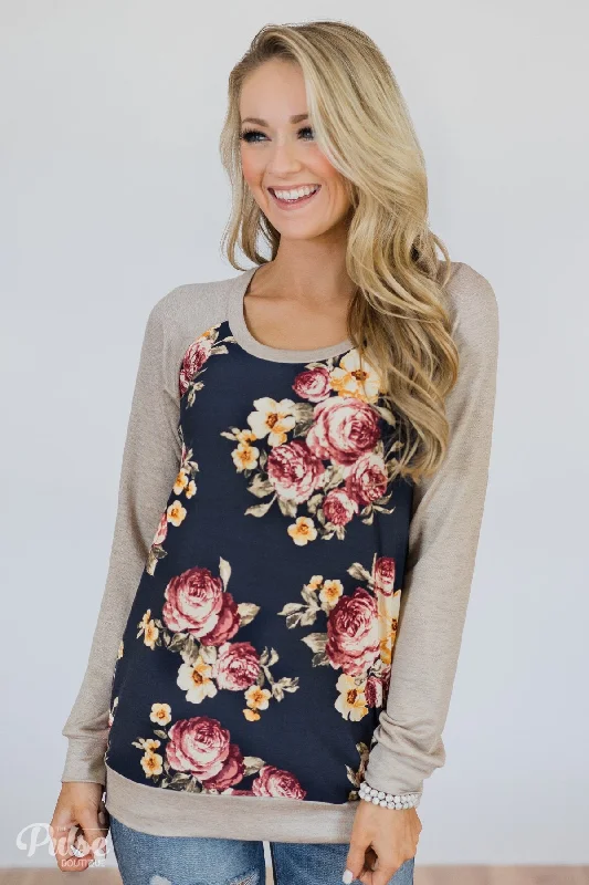 Exclusive Deals For This Week Only Always Room for Floral Top- Navy & Oatmeal