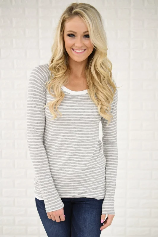 Limited Time Flash Sale Long Sleeve Grey Striped Top