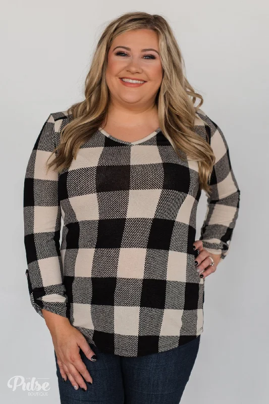 Glamorous Fashion Offers Be With You 3/4 Sleeve Buffalo Plaid Top- Cream & Black