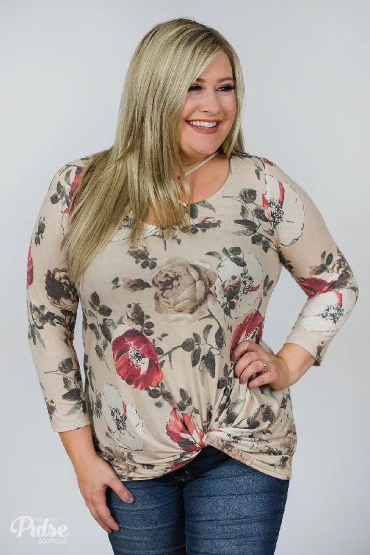 Classic Fashion, Modern Discounts All About Floral Criss Cross Knot Top- Beige
