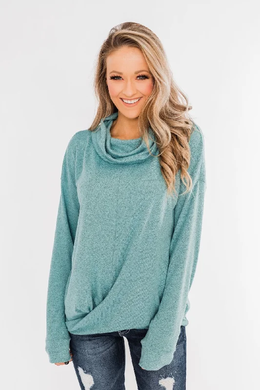 Premium Pieces At Prices You'Ll Love Twist of Winter Cowl Neck Top- Light Blue