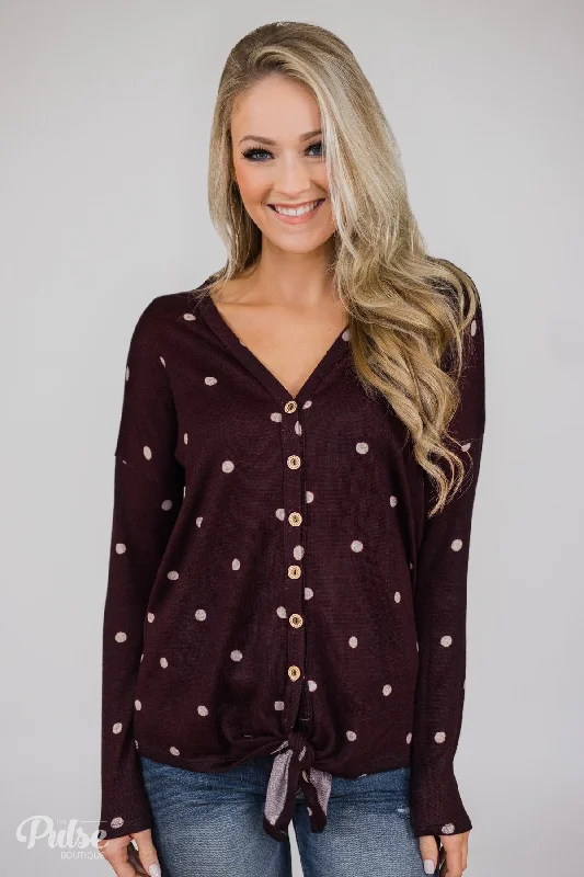 Fashion Forward Femininity Happy Ending Polka Dot Knot Top- Eggplant