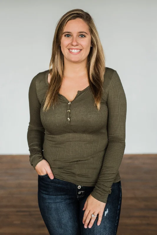 Incredible Savings For A Limited Period Break The Silence Button Henley Top- Olive