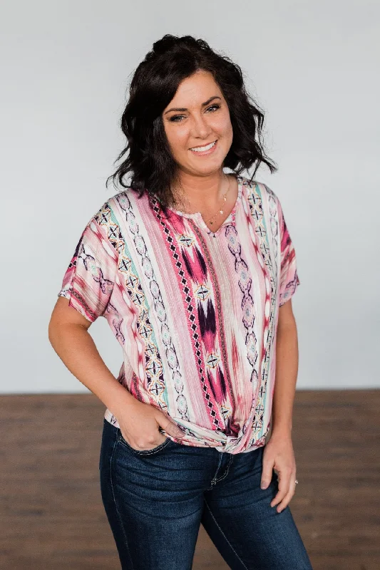 Chic And Trendy Make You Believe Print Top- Pink Tones