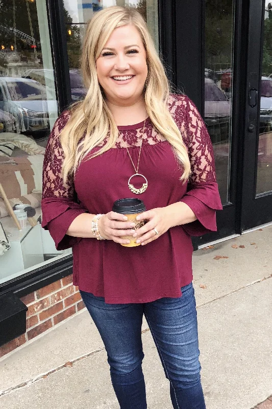 Today's Best Deals – Don't Wait Right Beside Me Lace & Ruffles Top- Burgundy