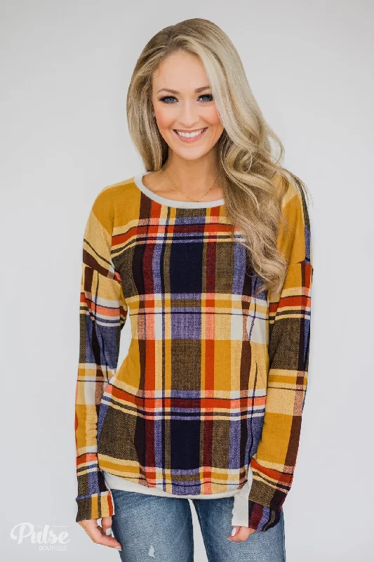 Relaxed Style Plaid Thumb Hole Crew Neck Top- Mustard