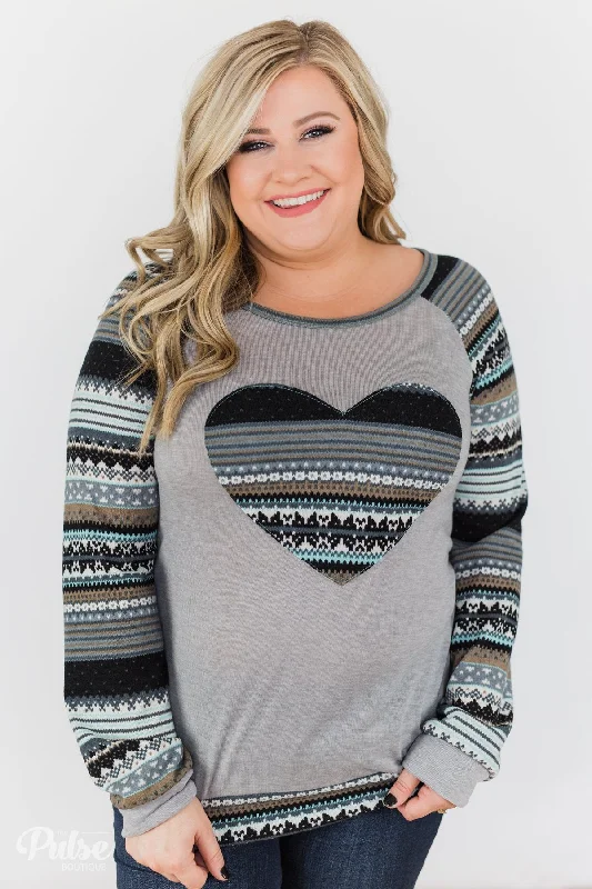 Relaxed Style Deals Feel Alive Printed Heart Top - Heather Grey & Mint